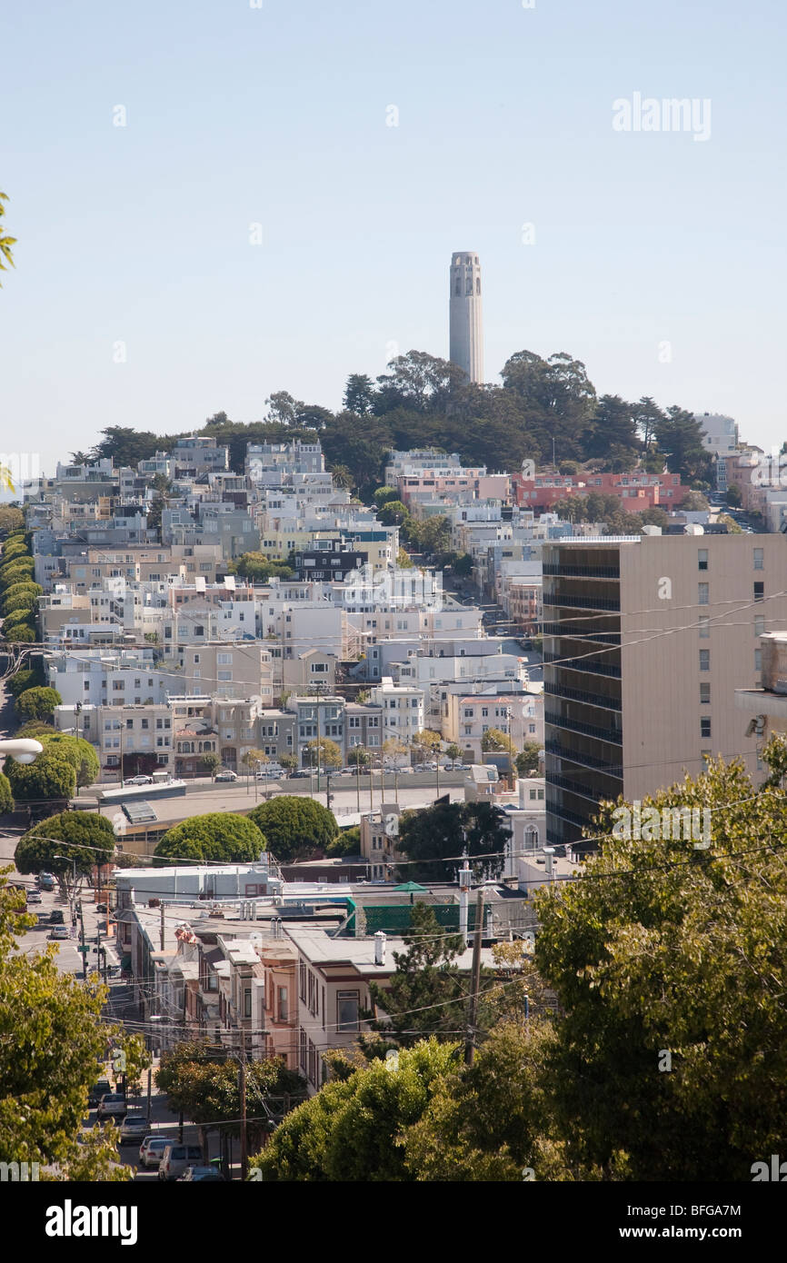 Coit Tower, San Francisco in California, USA - clear sky Stock Photo