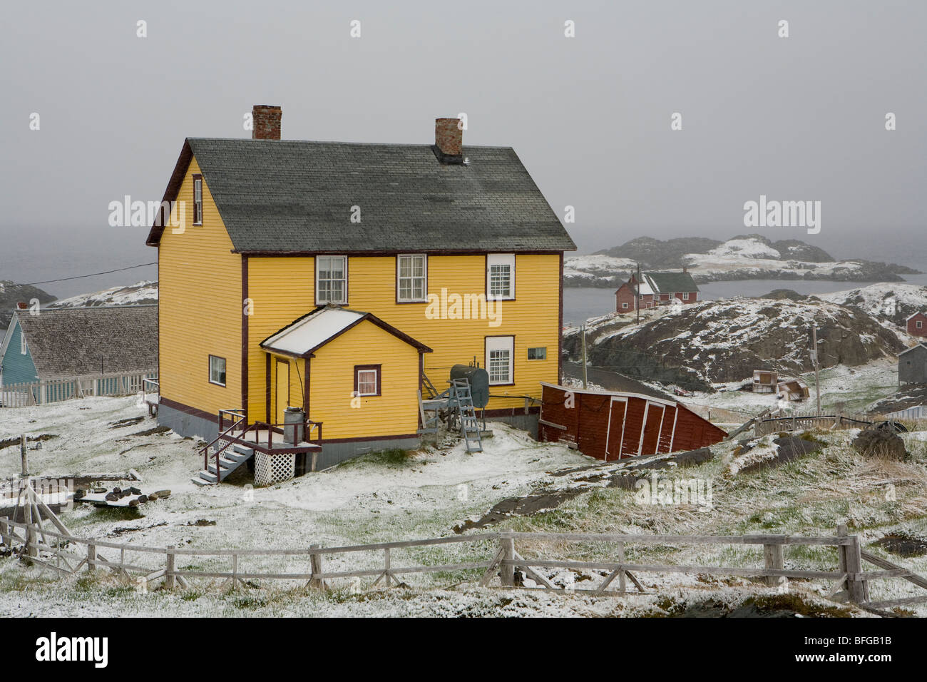 spring snowfall, Change Islands, Newfoundland & Labrador, Canada Stock Photo