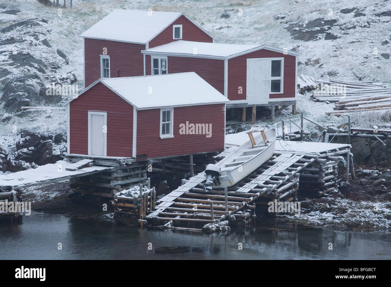 spring snowfall, Change Islands, Newfoundland & Labrador, Canada Stock Photo
