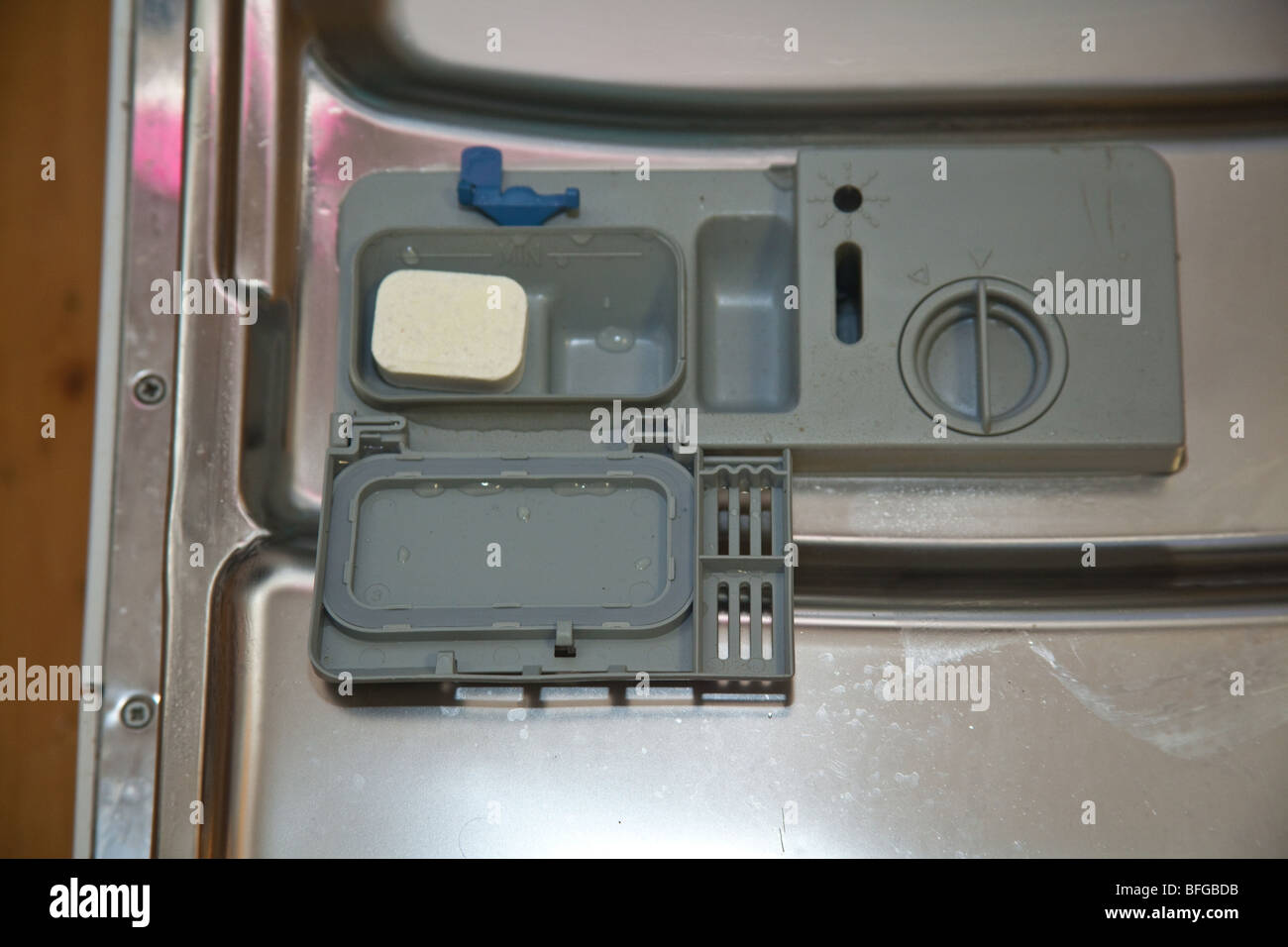 Dishwasher tablet in a dish washing machine, London, England Stock