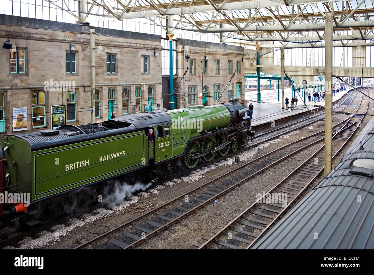 New steam locomotive 60163 'Tornado' at  Carlisle Railway Station with a special charter train. Stock Photo