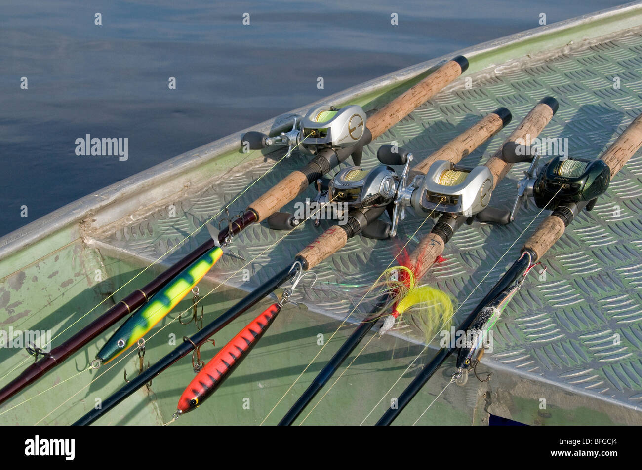 Tackle (lures, rods and reels) set up for giant peacock bass on a Rio