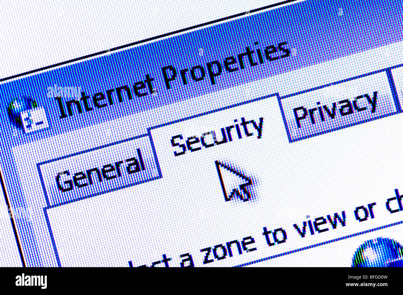 Macro screenshot of the internet security setting tab and cursor / arrow on a computer screen. Stock Photo