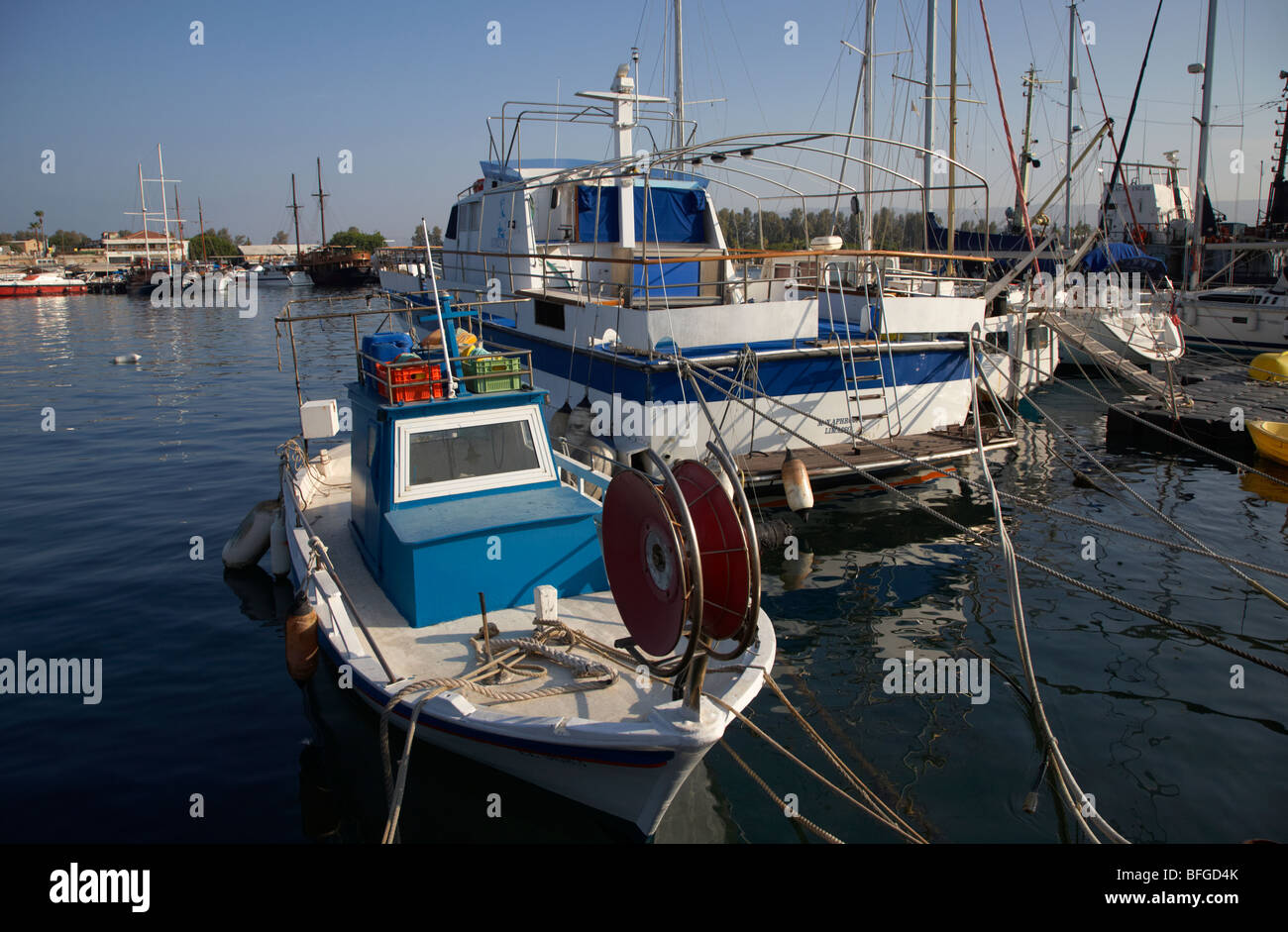 small local greek cypriot fishing boats in kato paphos harbour republic