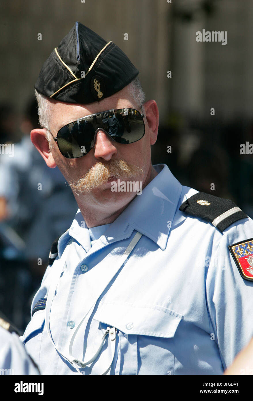 A French motorcycle Gendarme. Police Officer at the Tour de France 2007. Stock Photo