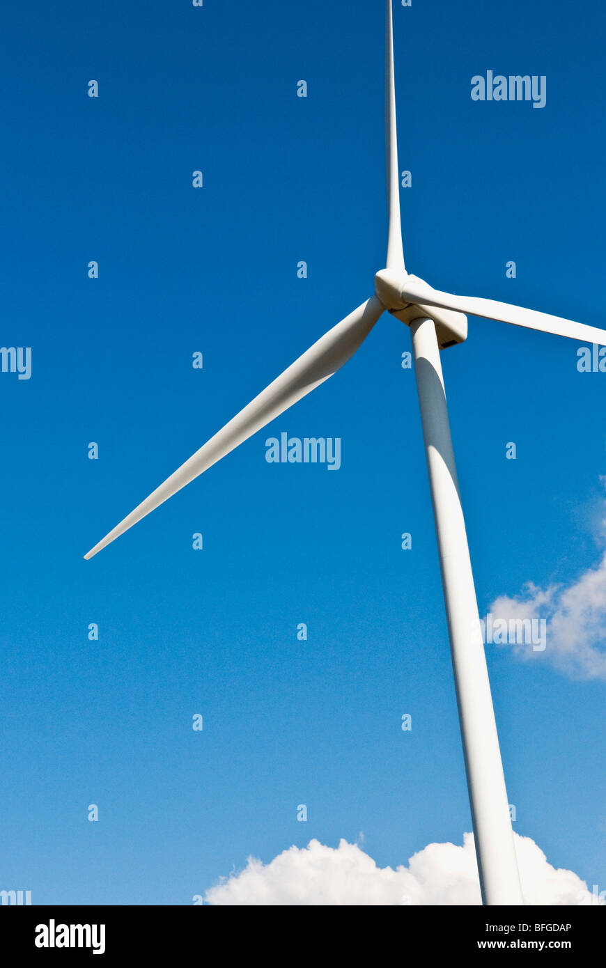 A wind turbine and blue sky, from Wild Horse Wind Farm in Washington State. Puget Sound Energy Company Stock Photo