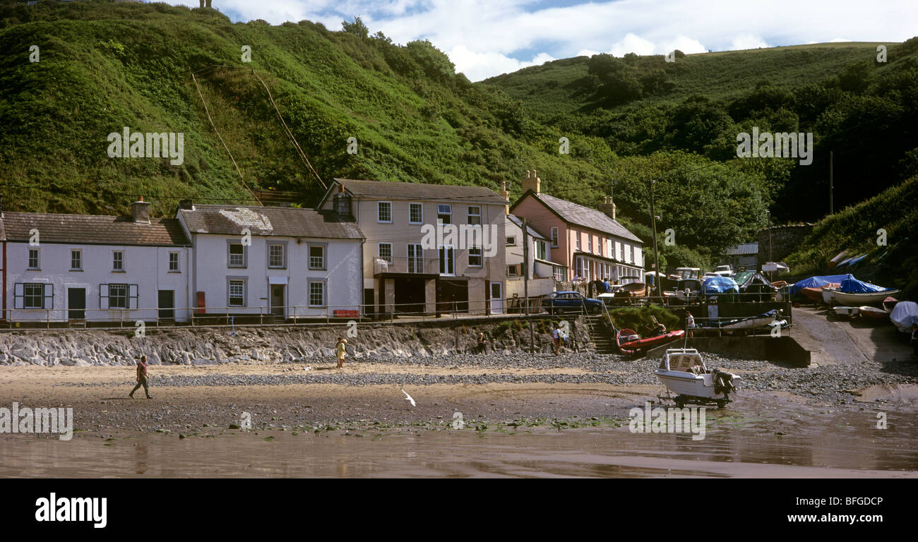 UK, Wales, Cardigan Coast, Llangranog beach seafront houses Stock Photo