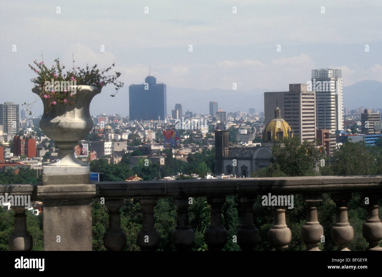 View of Mexico City skyline from Chapultepec Castle or Castillo de Chapultepec in Mexico City. . Stock Photo