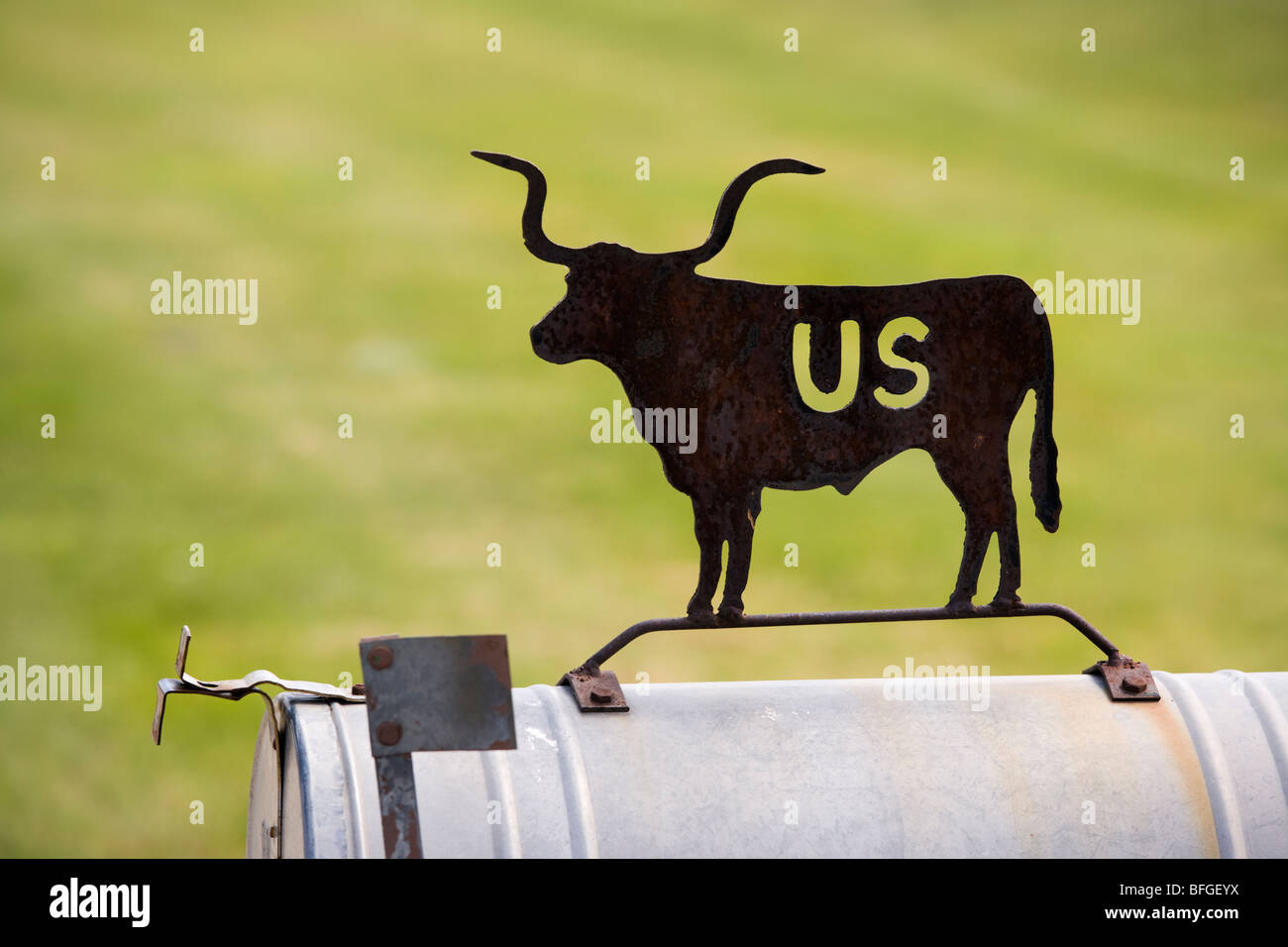 American US-Mail box decorated with cattle silhouette in Nebraska USA Stock Photo