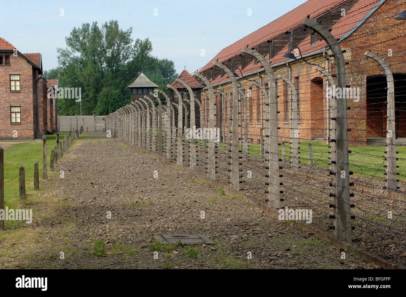 Auschwitz - Birkenau former German  WW2 Concentration Camp - electrified barbed wire fence Stock Photo