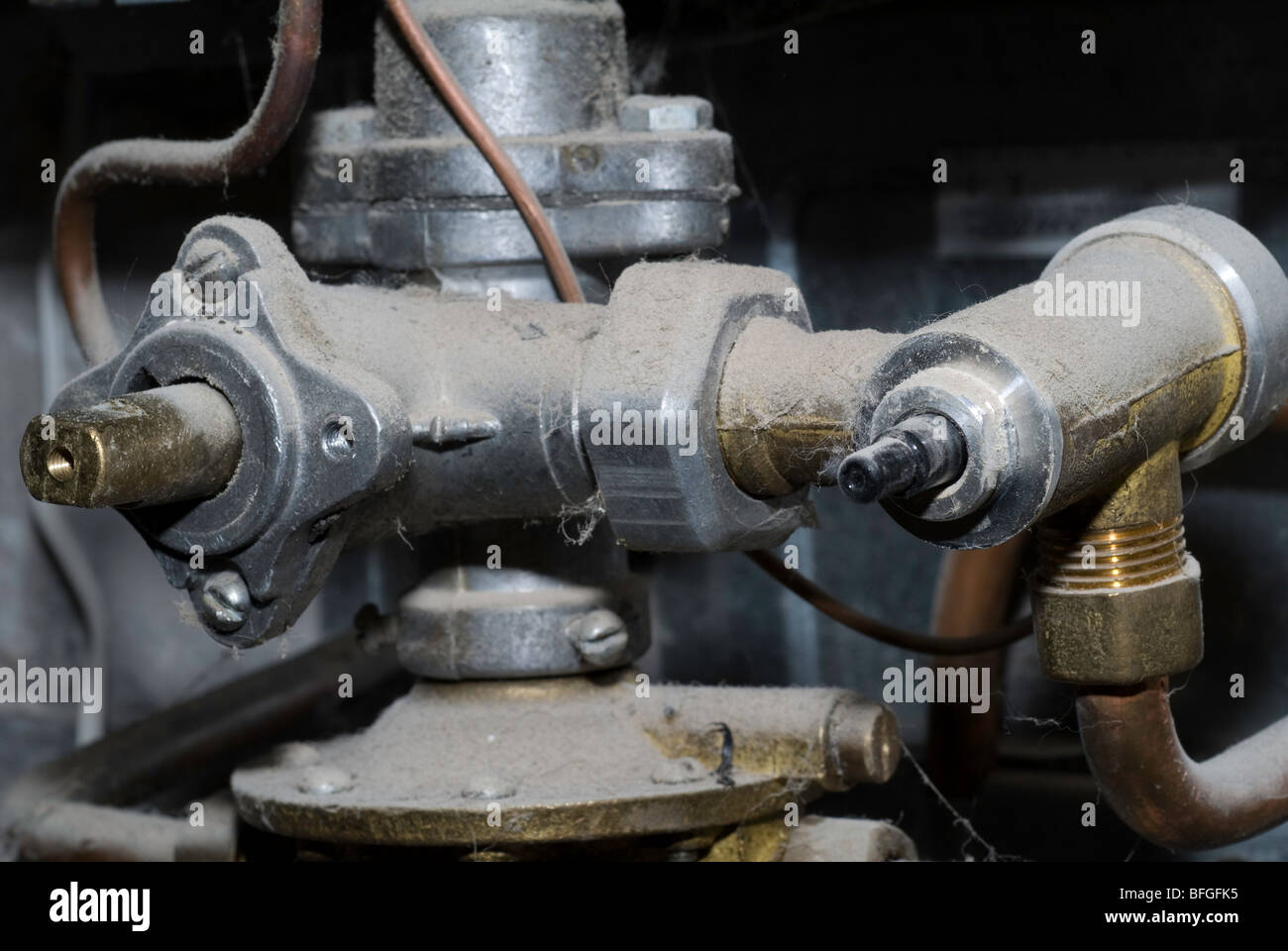 old dusty gas water heater, inside view Stock Photo
