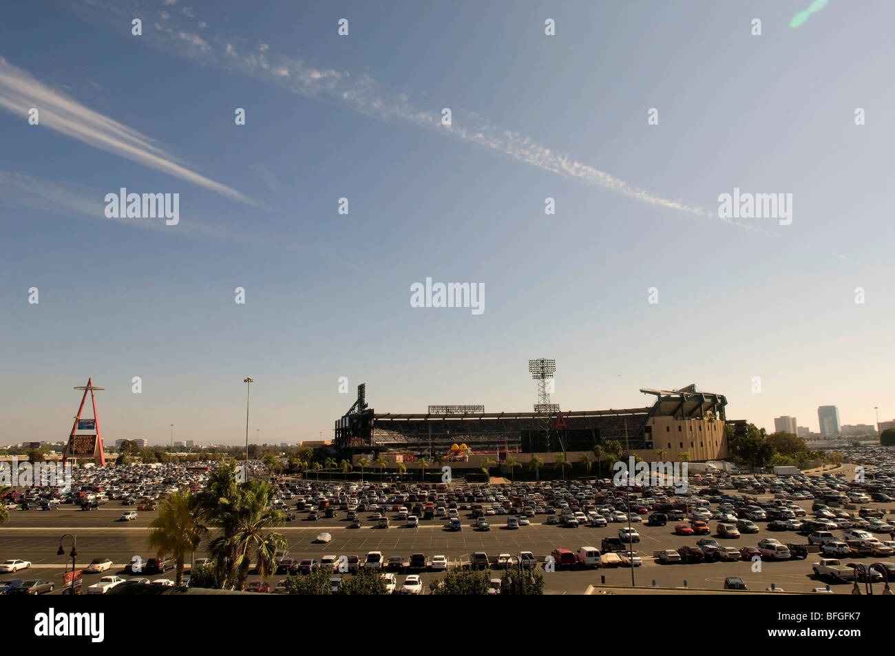 Anaheim Angel Stadium parking lot, viewed from a distance to show the seating and parking lot areas. Stock Photo