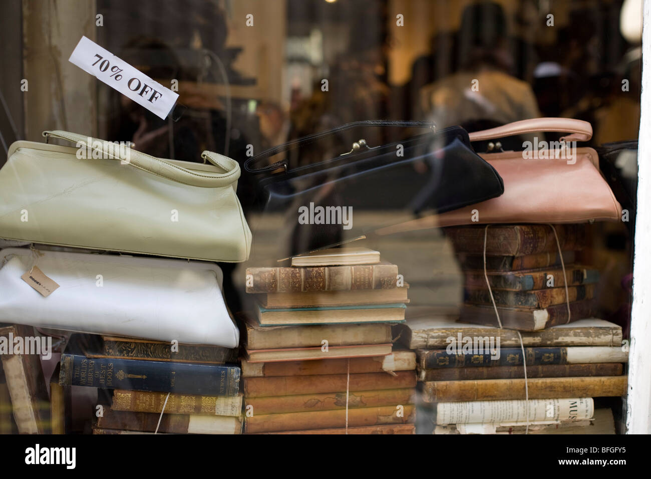 Reproduction vintage handbags in a shop window in Soho London Stock Photo