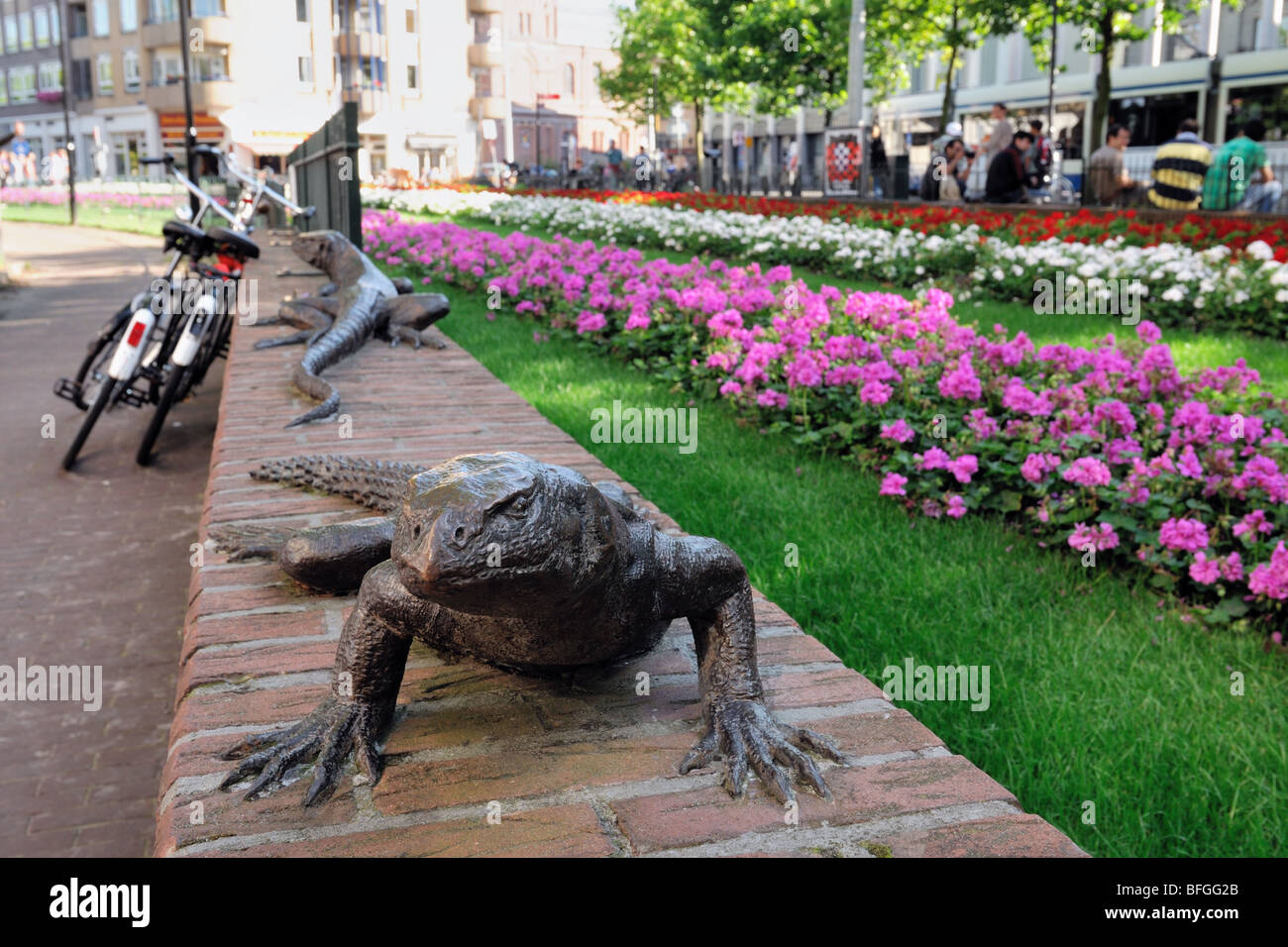 Two life-size lizards sculptures made in 1994 to decorate the center of Amsterdam. Stock Photo