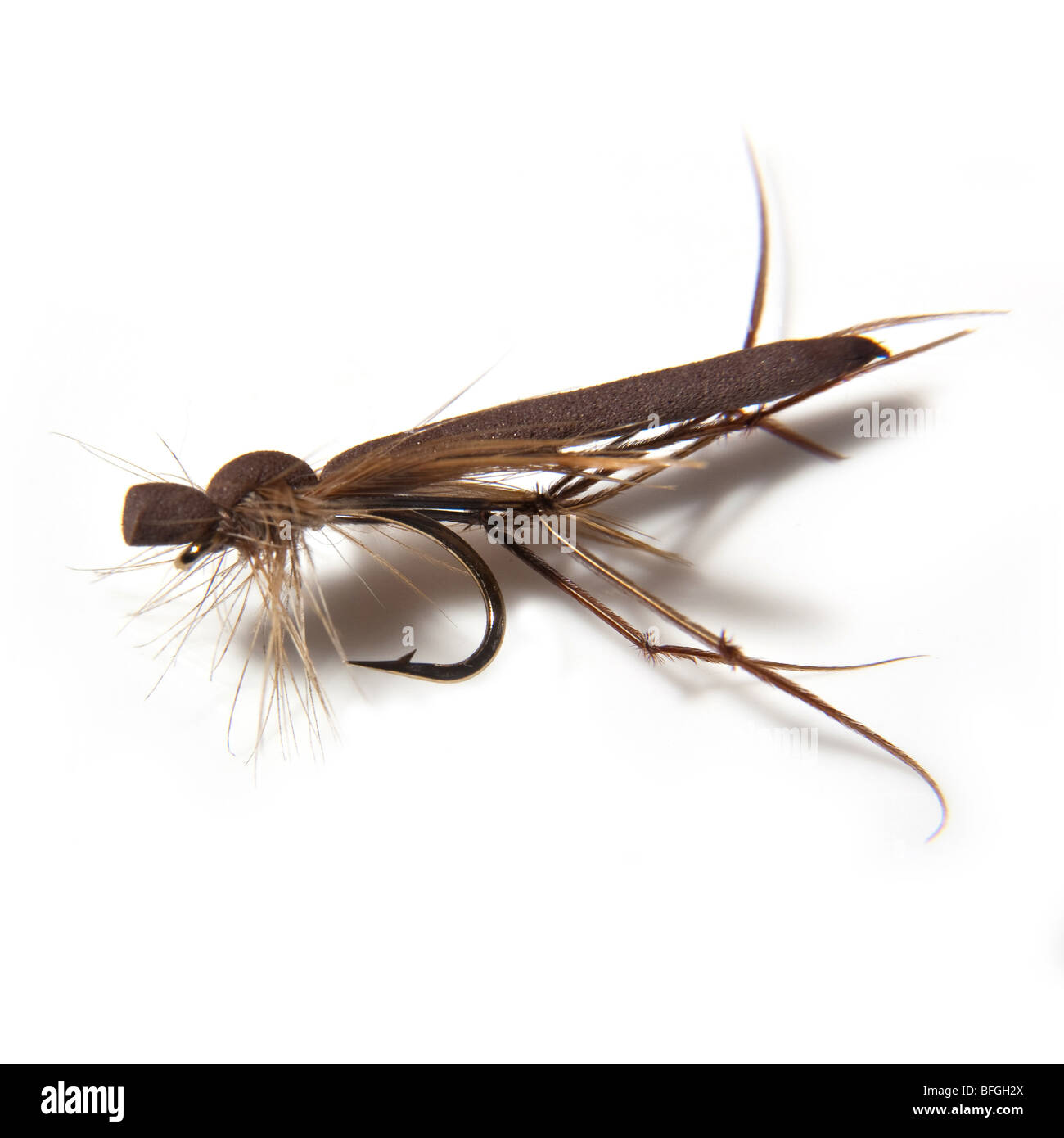 Floating daddy long legs trout fly isolated on a white studio background. Stock Photo