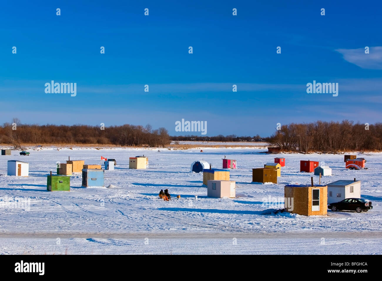 Ice fishing shacks on the Red River, Selkirk, Winnipeg, Manitoba