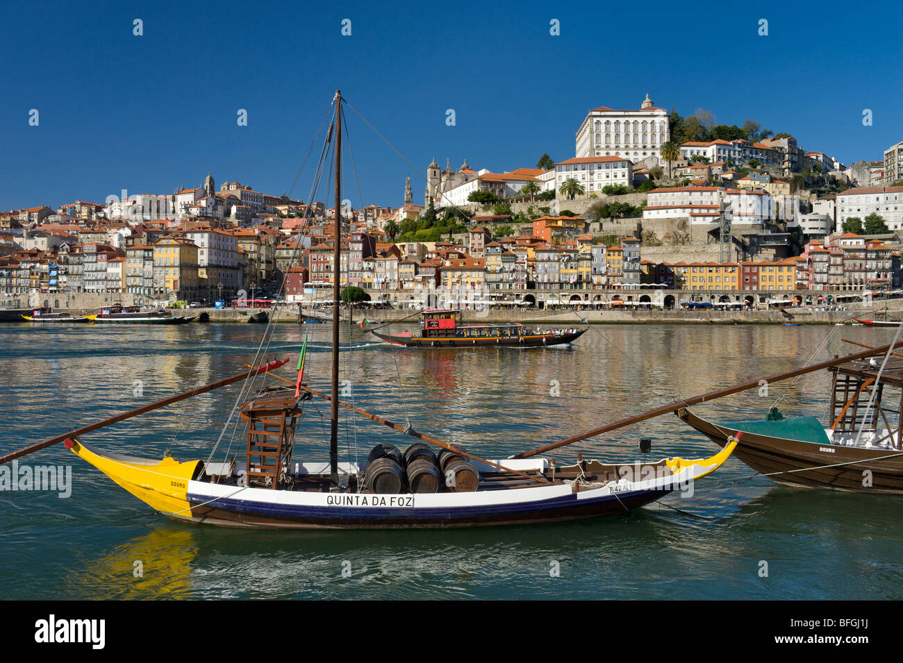Portugal, the Costa Verde, Porto, the Douro river, Port wine barges and Ribeira district of the old town Stock Photo