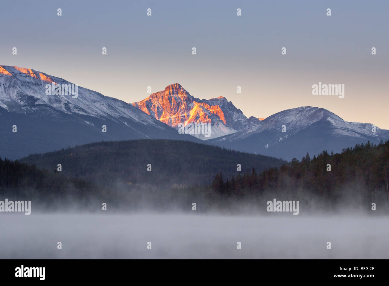 Sunrise over Patricia Lake and Muhigan Mountain Stock Photo