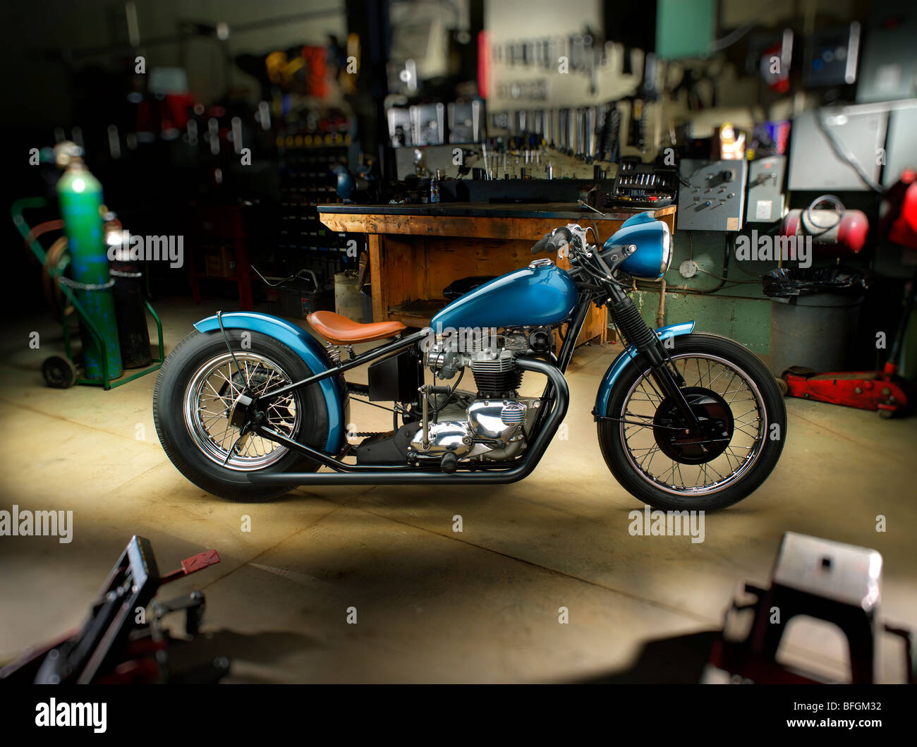 Custom built motorcycle in a shop Stock Photo Alamy