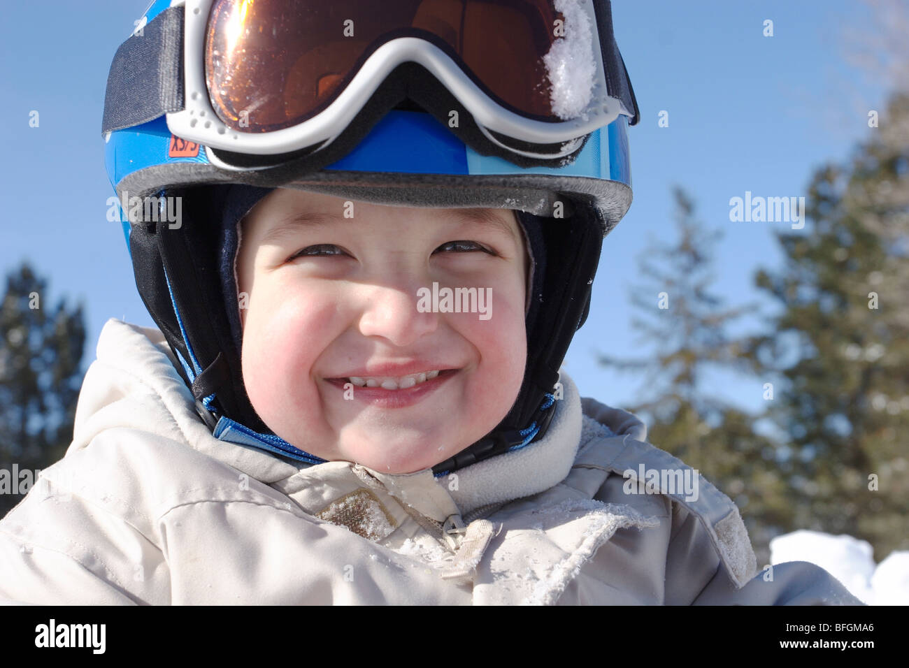Young boy wearing ski helmet and goggles, King City, Ontario Stock Photo