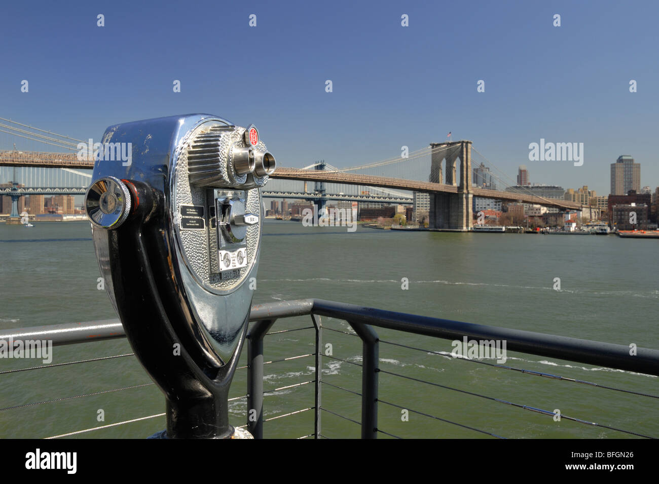Binoculars with view of the East River, Brooklyn and Manhattan bridges, New york City, New York Stock Photo