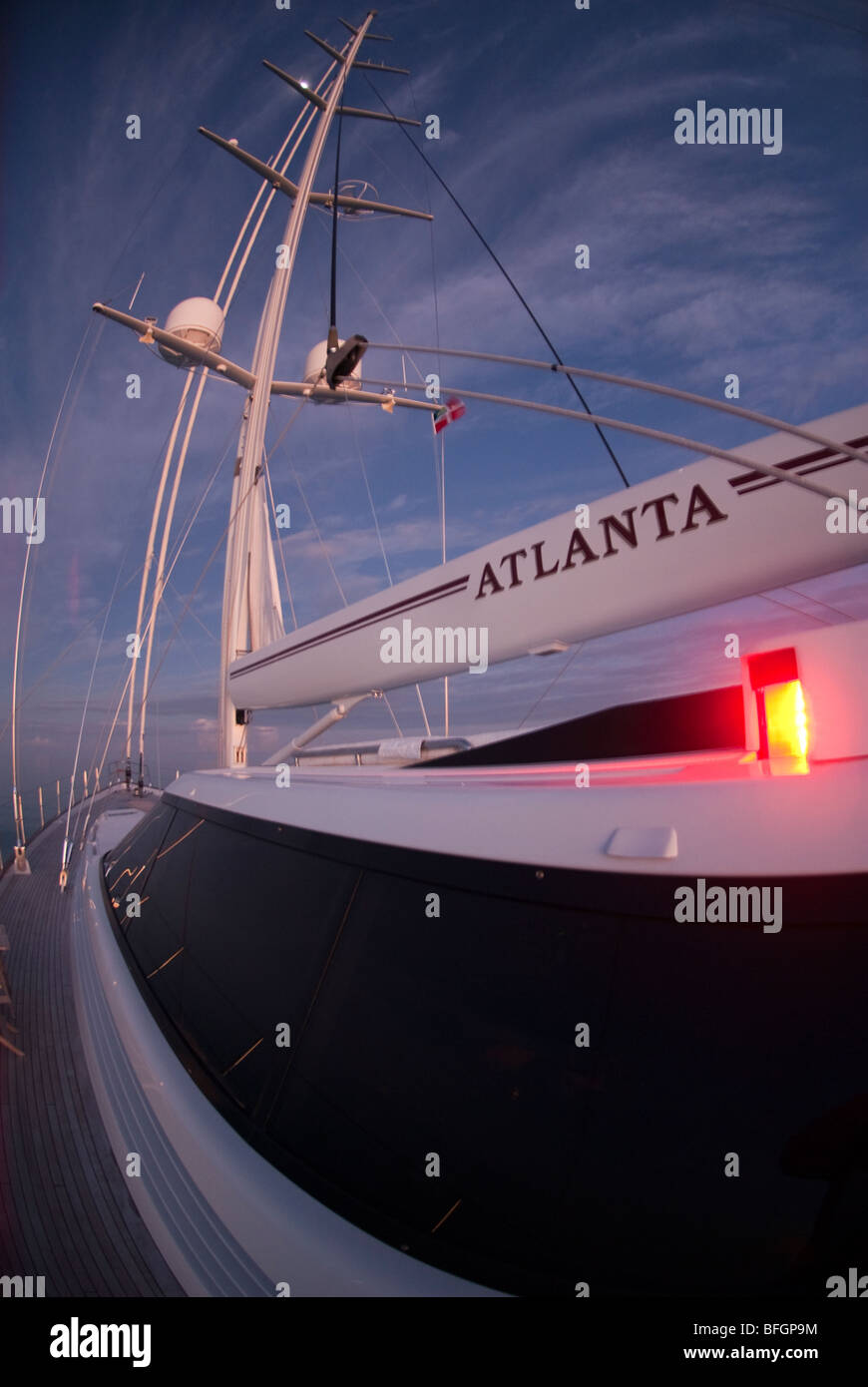 The Sailing Boat Atlanta at Dawn in the Bahamas Stock Photo