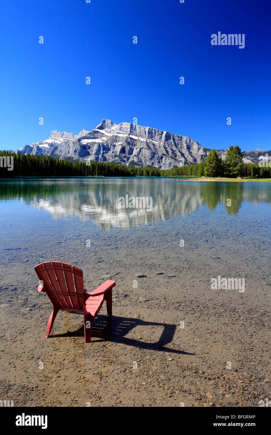 Deck chair at Two Jack Lake, Banff National Park, Alberta, Canada. Stock Photo
