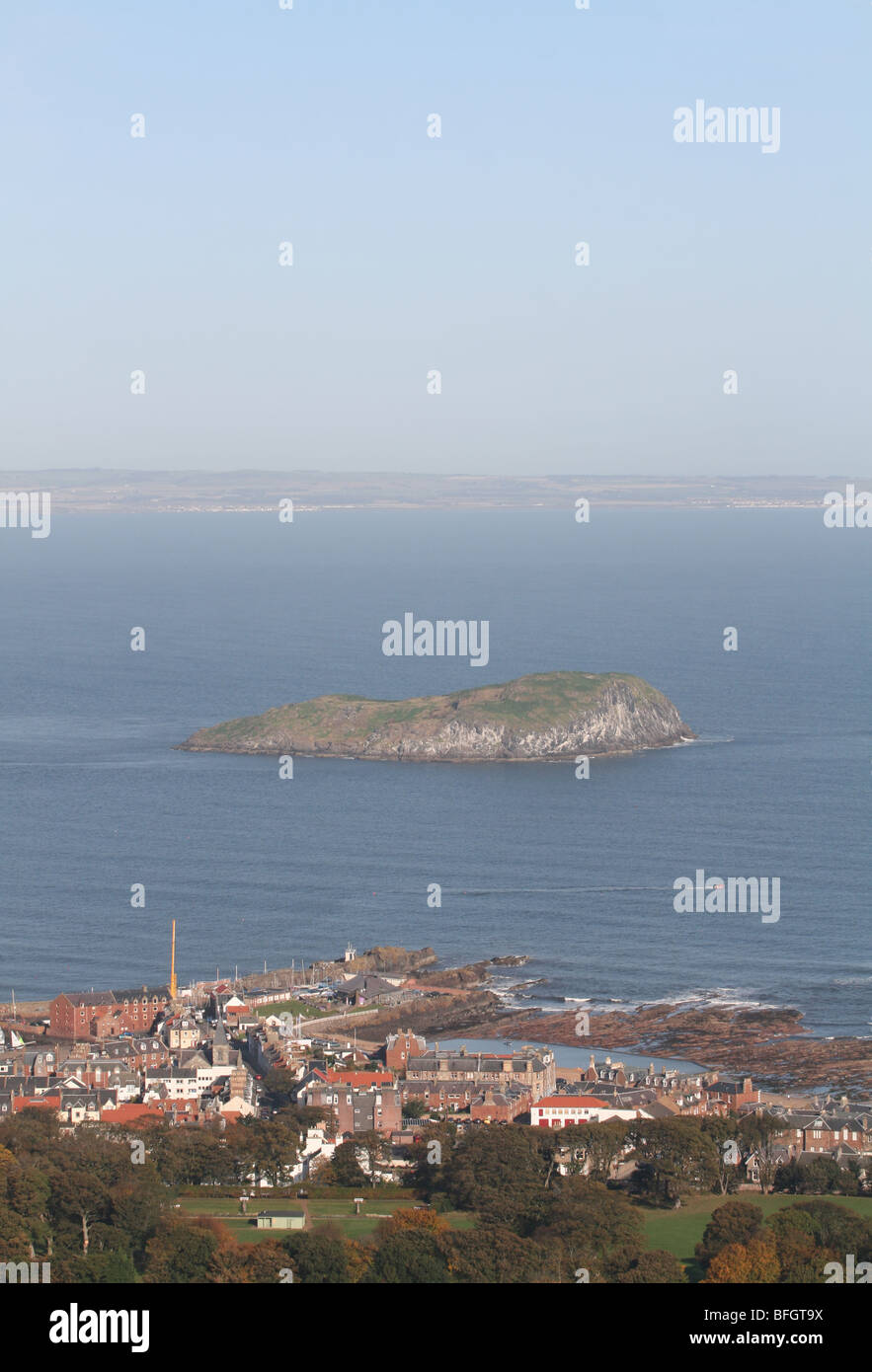 elevated view of North Berwick and island of Craigleith from summit of