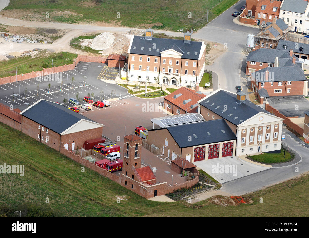 Poundbury Fire Station in Dorset, Poundbury Village Fire Station, aerial view of Poundbury Fire Station Stock Photo
