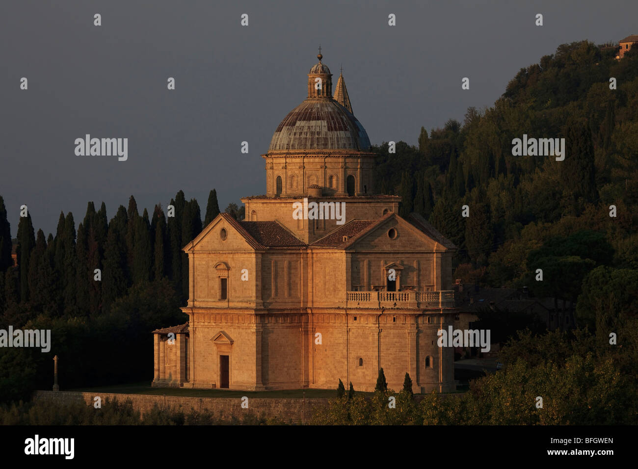 The Church of Madonna di San Biago Montepulciano, Tuscany, Italy in evening sunlight. Stock Photo