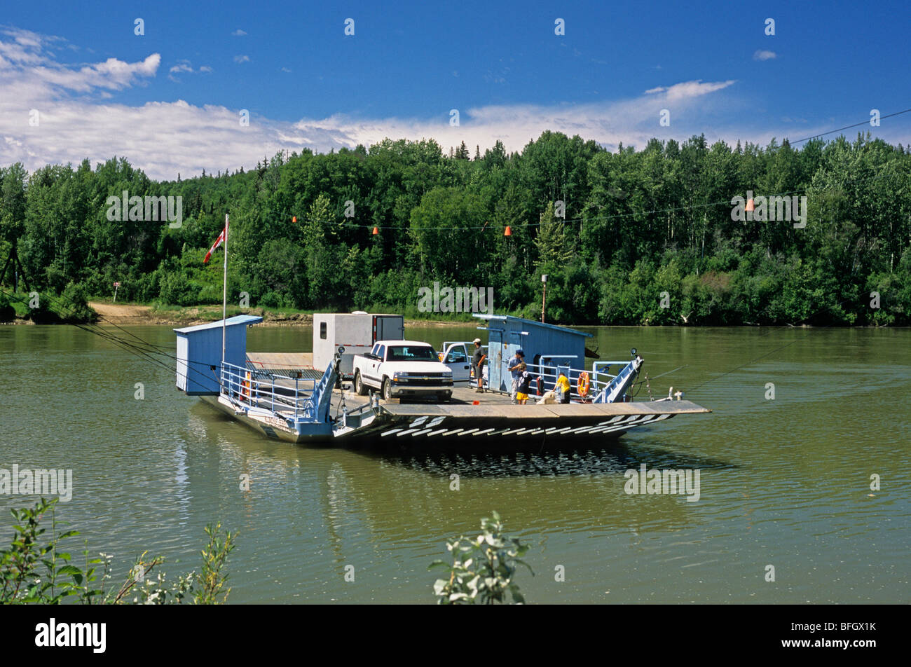 Klondyke Ferry crossing Athabasca River. Near Vega, Alberta, Canada