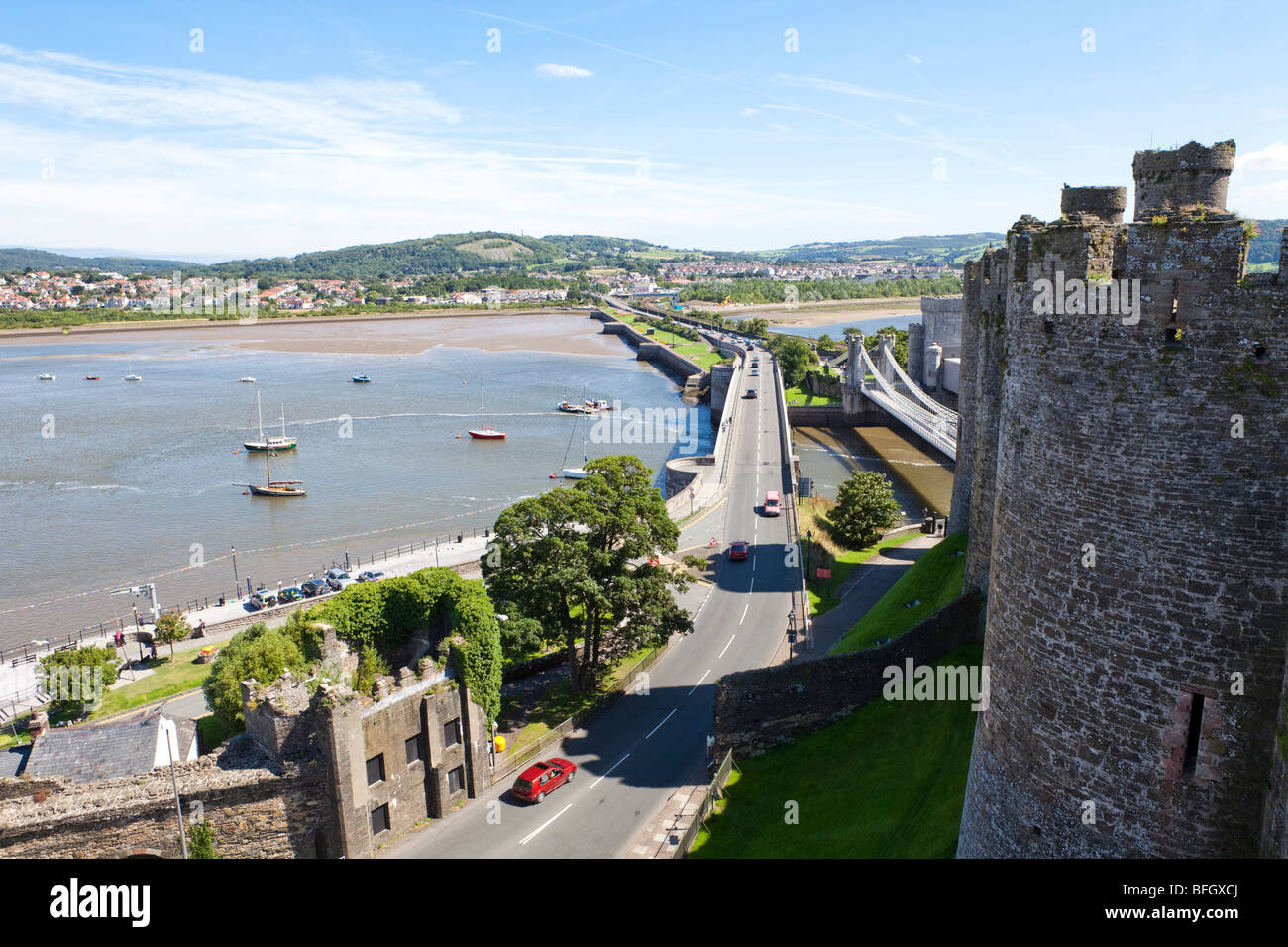 The bridges across the estuary of the River Conwy at Conwy (Conway) viewed from the Castle, Conwy, Wales Stock Photo