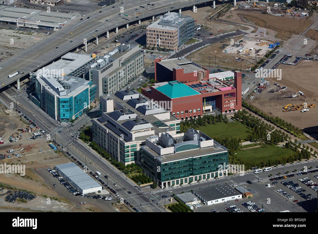 aerial view above Mission Bay biomed biotechnology UCSF University of California San Francisco Stock Photo