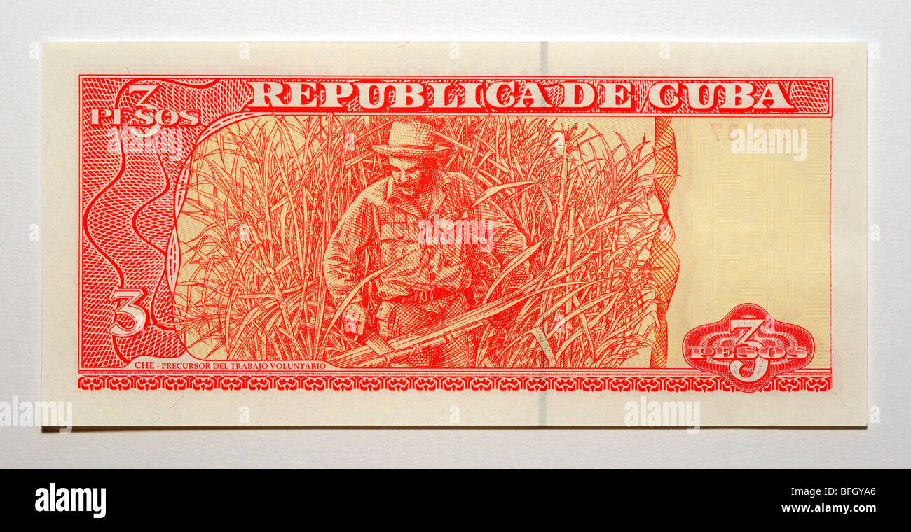 Republic of Cuba 3 Pesos Bank Note. Stock Photo