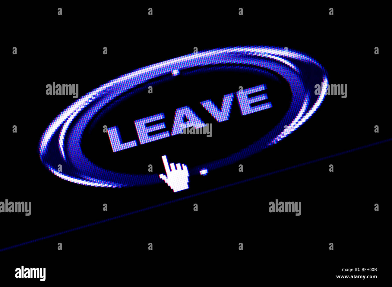 Macro screenshot of the Leave icon and hand cursor on an internet website. Editorial use only. Stock Photo