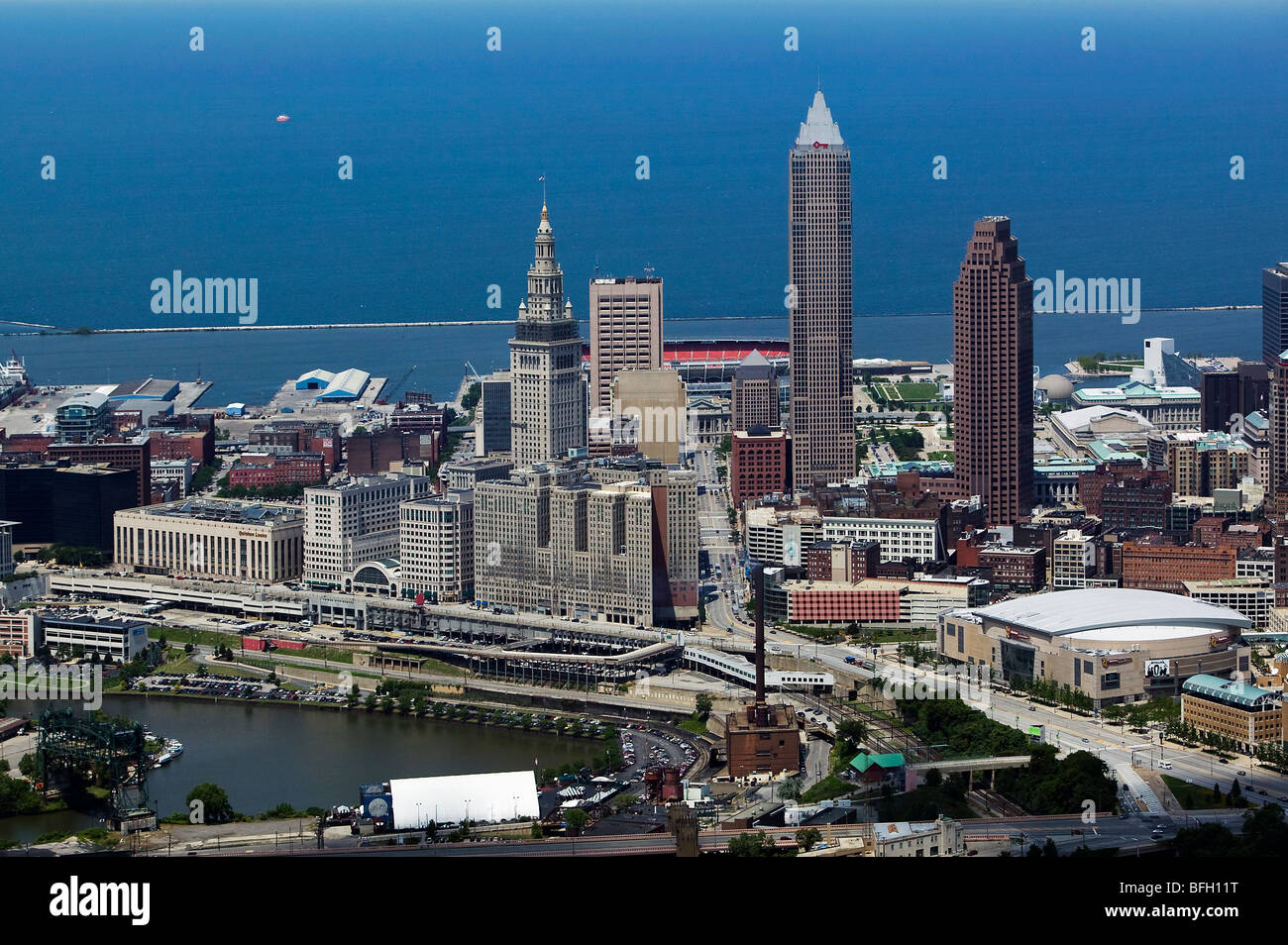 aerial view above downtown Cleveland public square Lake Erie Cuyahoga river Stock Photo