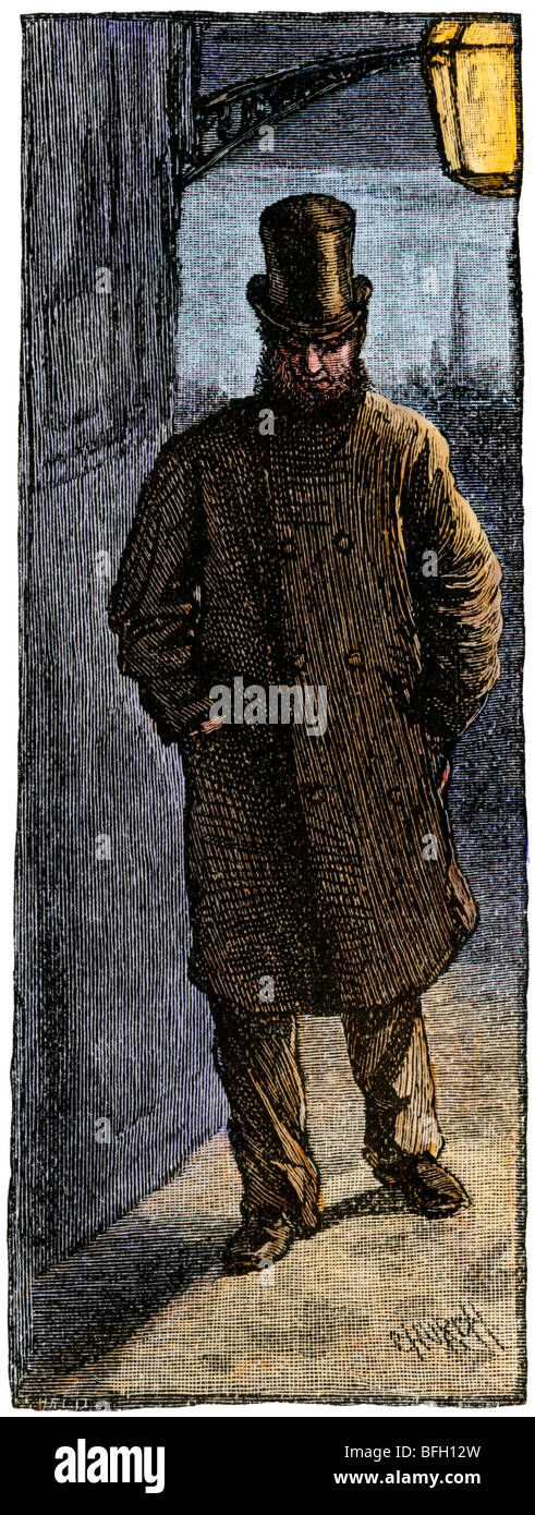 Londoner in a top hat walking at night by gaslight. Hand-colored woodcut Stock Photo