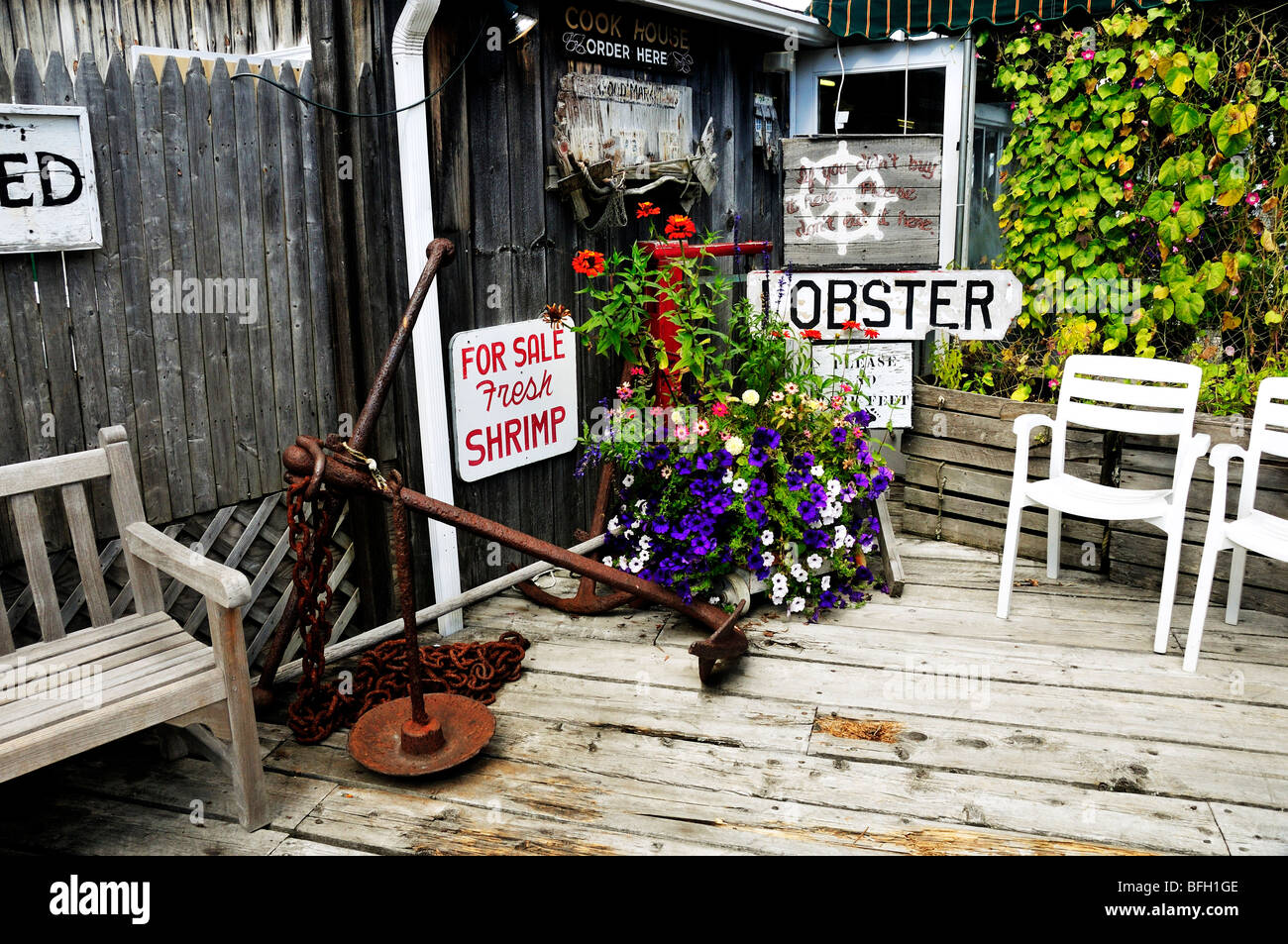 A sign advertising fresh shrimp and lobster in Bar Harbor, Maine, USA Stock Photo