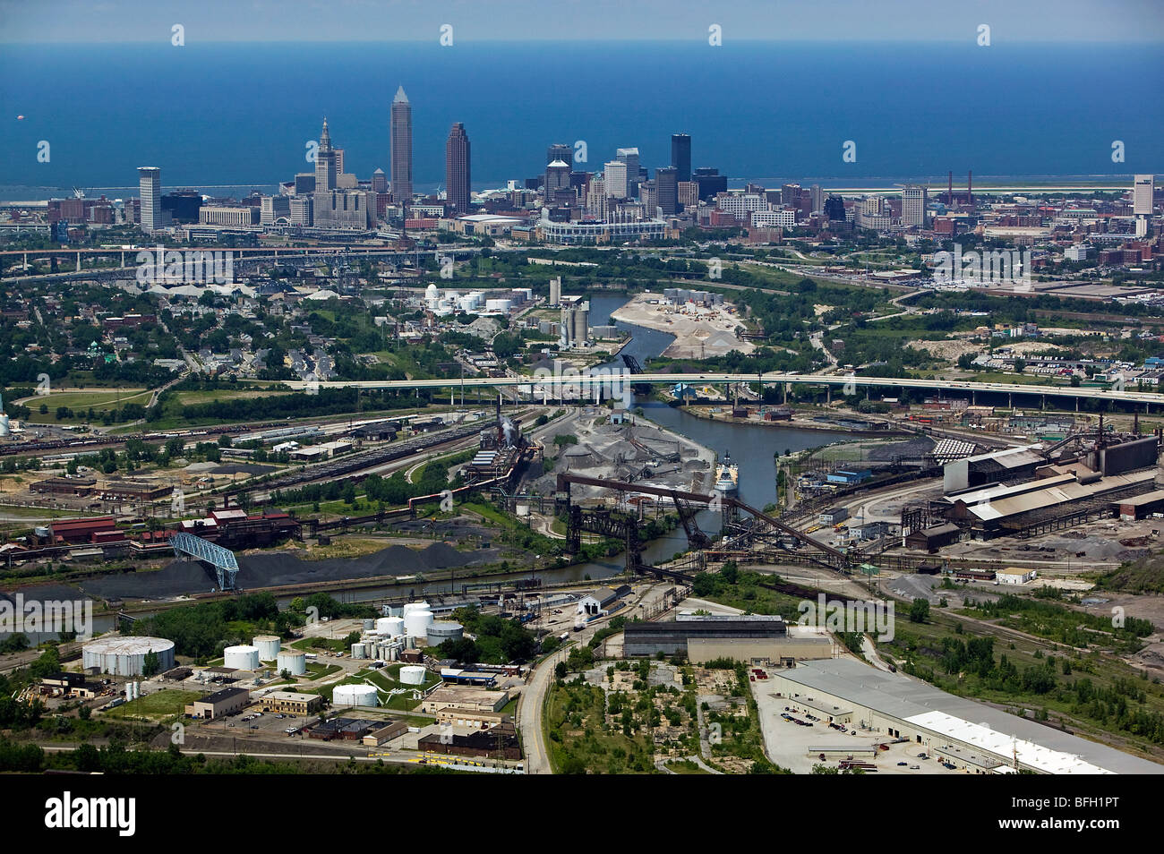 aerial view above Cleveland Ohio industrial area steel mills Cuyahoga river Stock Photo
