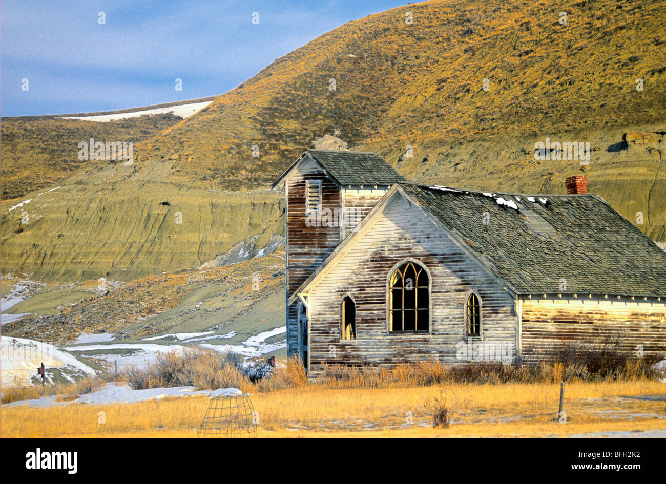 Old Church in the Badlands, East Coulee, Alberta, Canada Stock Photo