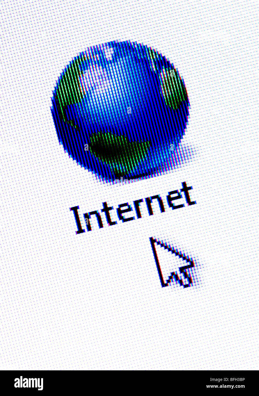 Macro screenshot of the internet connection icon and cursor / arrow on a computer screen. Stock Photo