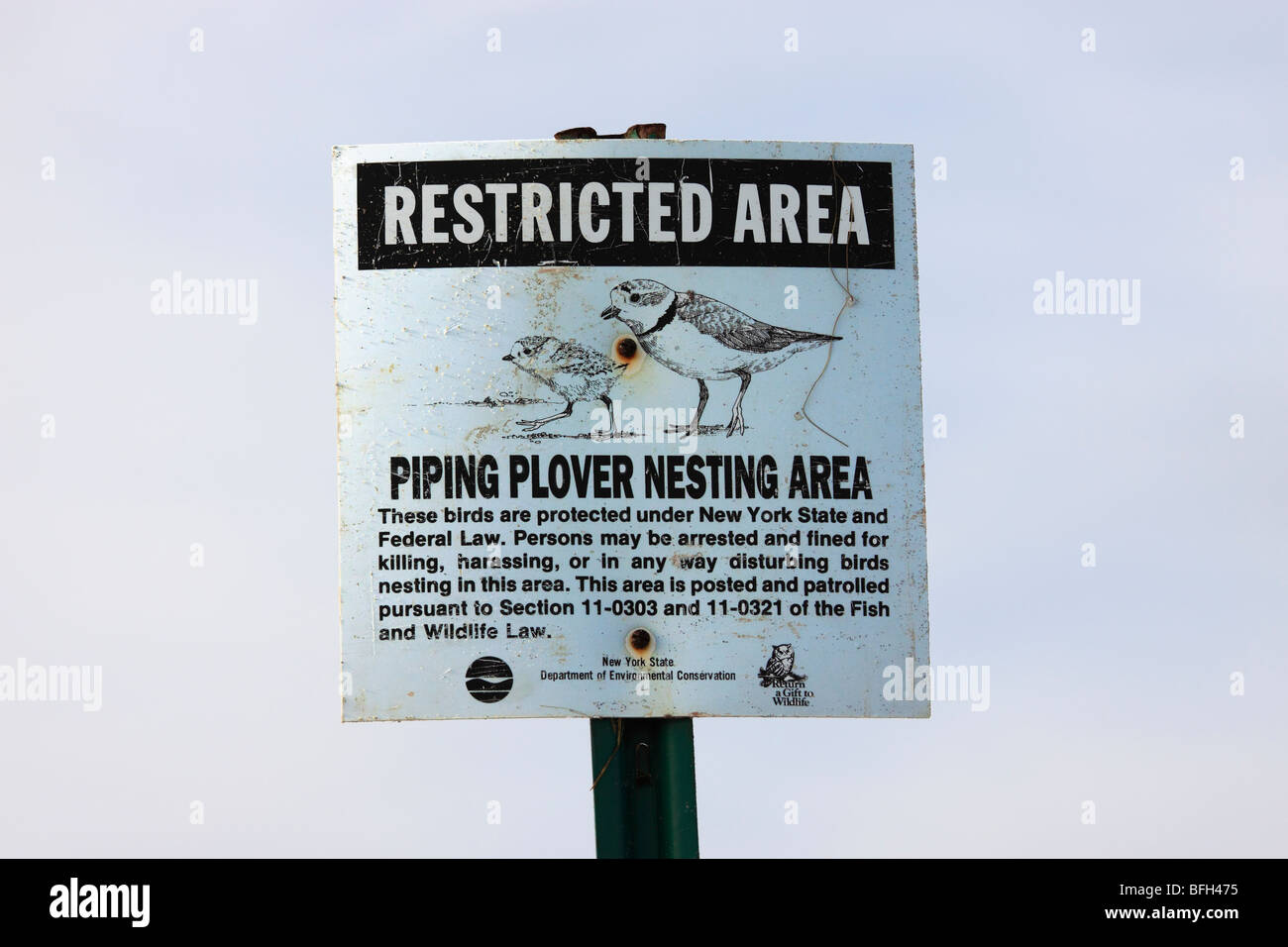 Sign alerting people that they are in a protected bird nesting area, Fire Island, Long Island, NY Stock Photo