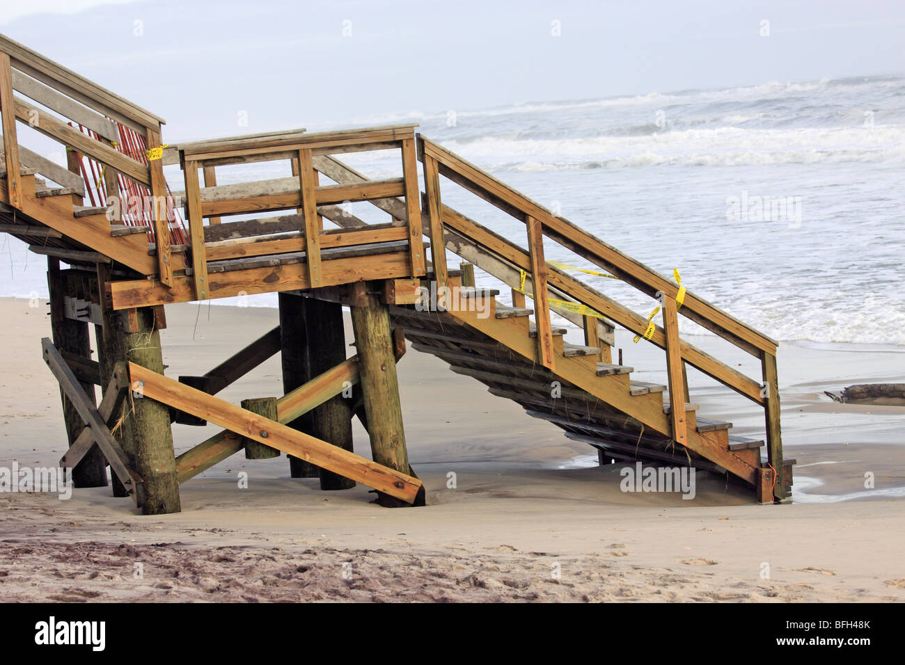 Stairway to beach closed due to storm damage and beach erosion, Fire