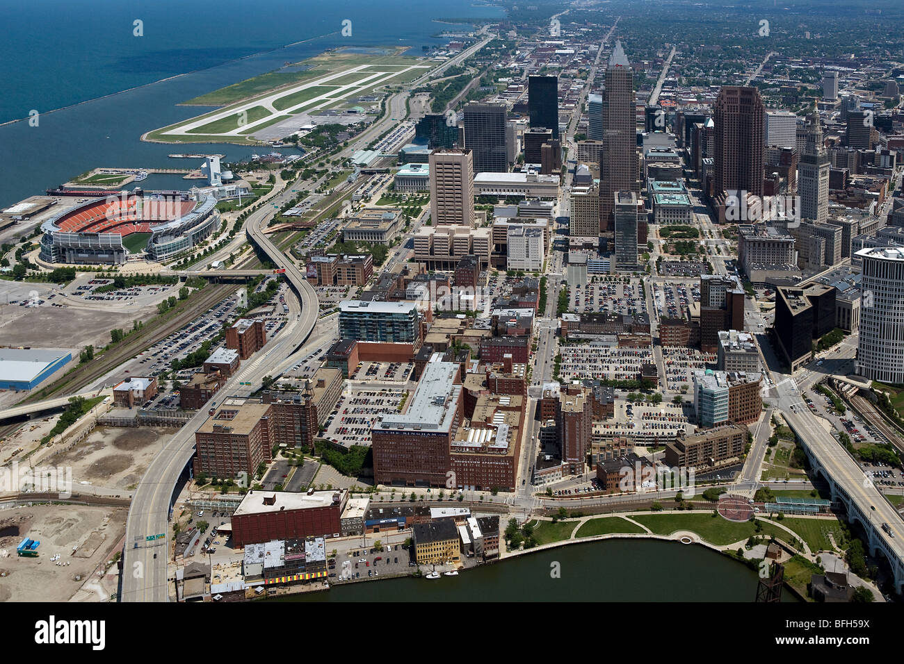 aerial view above downtown Cleveland Ohio stadium Burke Lakefront airport Stock Photo