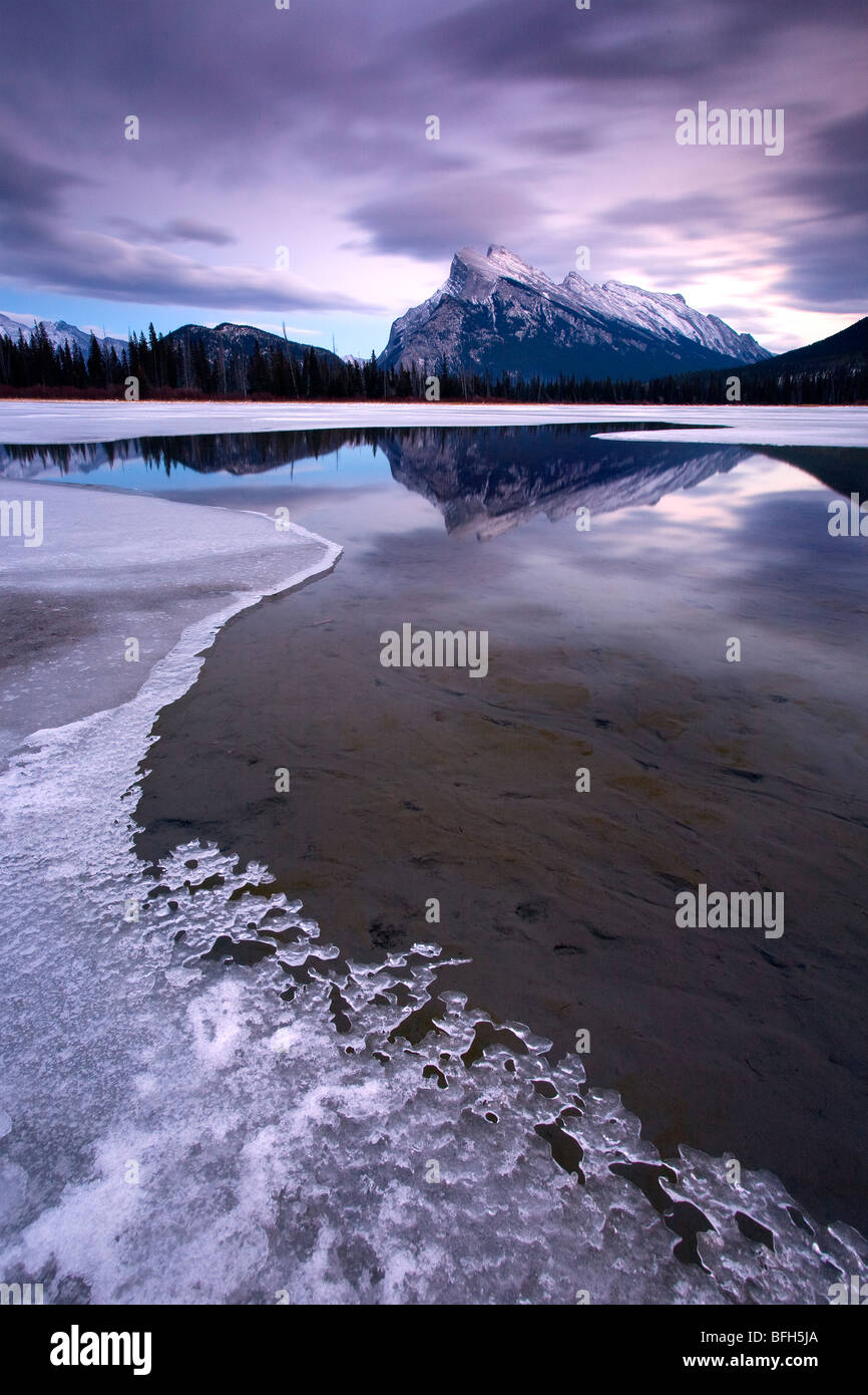 Twilight at Vermillion Lakes with a view of Mount Rundle in Banff National Park, Alberta, Canada Stock Photo