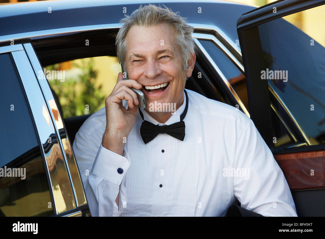 Middle-aged man talking on mobile phone in open door of limousine, portrait Stock Photo