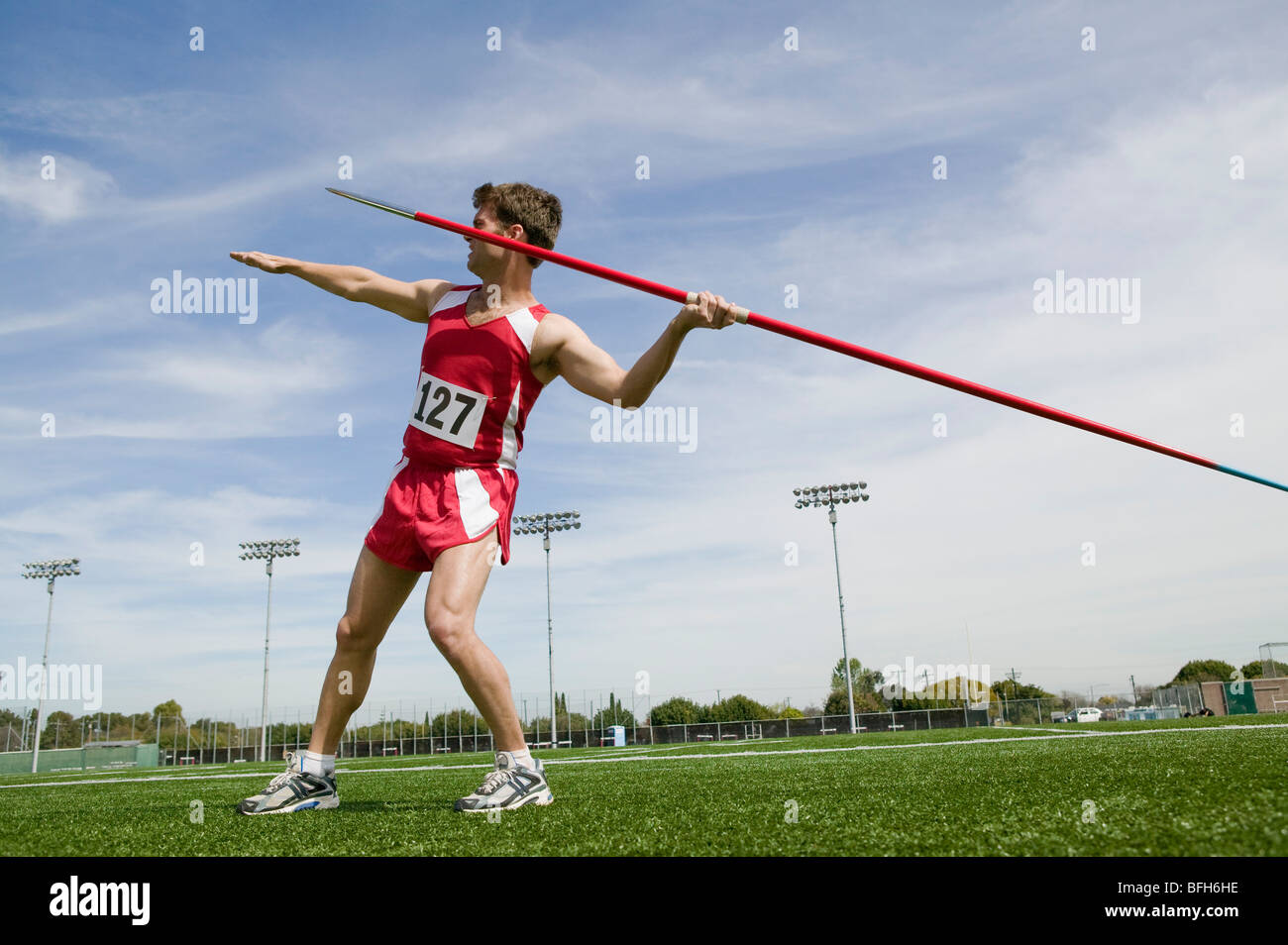 Male athlete holding javelin Stock Photo Alamy