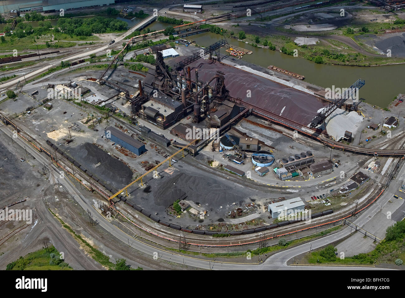 aerial view above Cleveland steel mill Cuyahoga river Ohio Stock Photo