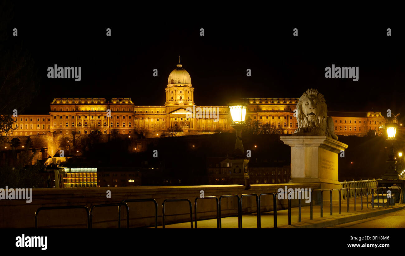 Szechenyi Lanchid Castle district at night. Budapest Hungary. Stock Photo