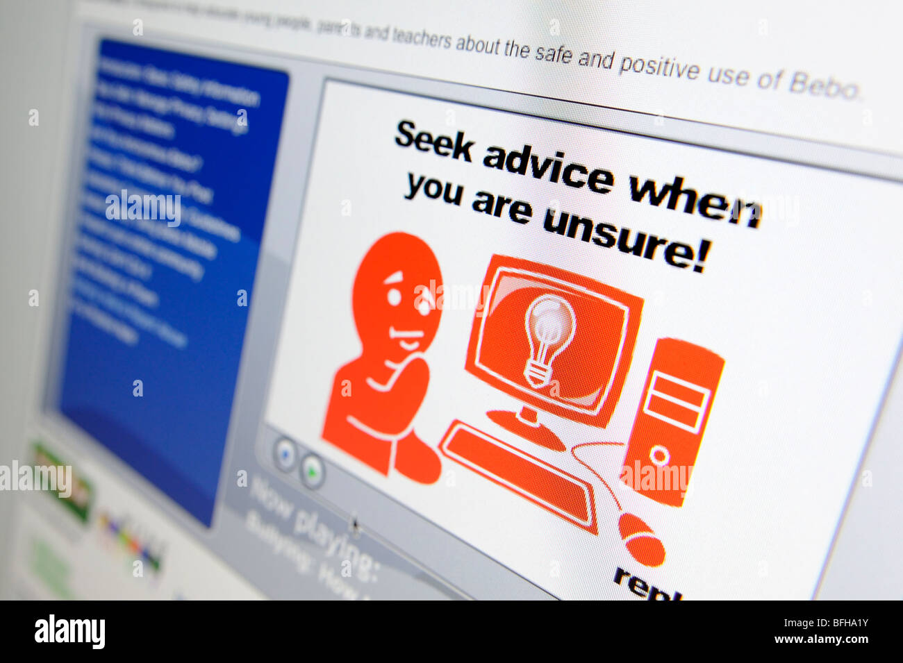 Security advice video on Bebo social network website. Stock Photo